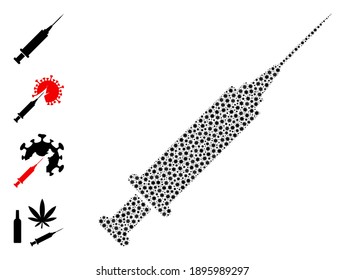 Vektorspritzen Symbol mit Covid Collage. Das Syringe-Mosaik besteht aus kleinen covid-pathogenen Teilen. Die Abstraktion ist für Absperrungszwecke konstruiert.