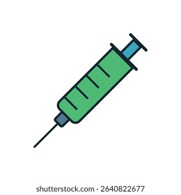 Vector syringe icon with green barrel and black outline in flat style for medical and healthcare use