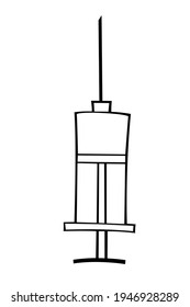 Icono de la jeringa del vector. Doodle de contorno negro dibujado a mano aislado. Suministros médicos, equipo, vacunas para tratar y proteger contra virus y vacunación