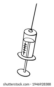 Vector syringe icon. Hand drawn black outline doodle isolated. Medical supplies, equipment, vaccine to treat and protect against virus and vaccination