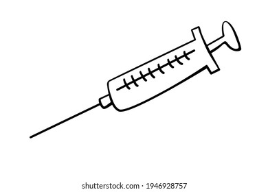 Vektorspritzen-Symbol. Handgezeichnete schwarze Rahmendoodle einzeln. Medizinische Hilfsgüter, Ausrüstung, Impfstoffe zur Behandlung und zum Schutz gegen Viren und Impfungen