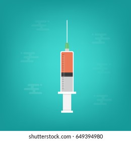 Vector syringe icon for injection vaccine with blood liquid