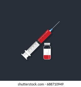 Vector syringe icon for injection vaccine with red blood liquid.