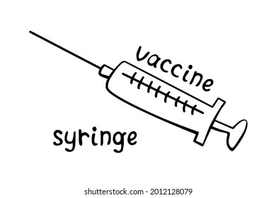 Icono de la jeringa del vector con letras. Doodle de contorno negro dibujado a mano aislado. Suministros médicos, equipo, vacunas para tratar y proteger contra virus y vacunación