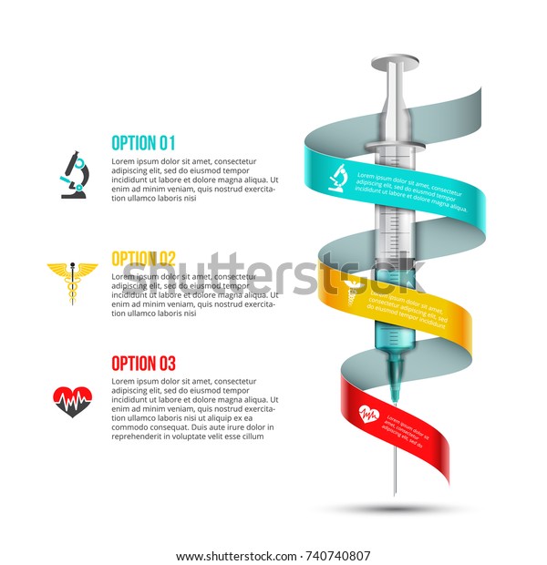 Vector syringe infographic. Medical and\
healthcare template for presentation with 3 steps, options, parts\
or processes.