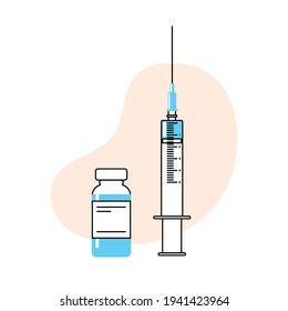 Vector syringe for injection with blue vaccine, glass bottle of medicines. Vector illustration isolated on white background.