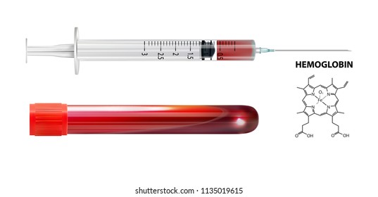 Vector Syringe For Injection Vaccine With Red Blood Liquid Isolated On White Background