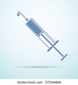 Vector syringe injector flat icon with vaccine drop on blue background.