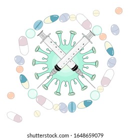 Vektorillustration Spritze mit Medikamenten, Kreis von Tabletten und Tabletten gegen Viren. Medizinisches Design einzeln auf Weiß. Symbol - Nein zur Krankheit