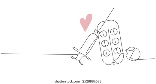 Vector syringe with needle medicine and pills in one line style on a white background. Continuous one line drawing of a syringe injection.	