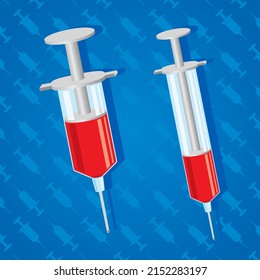 Vector syringe with red blood liquid isolated on blue background