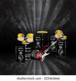 Vector system loudspeaker sound guitar and drums on stage with dark background and pattern. Can be used as a poster or advertising, all the elements of the individual and can be changed as needed.