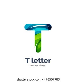 Vector T letter logo, modern abstract geometric elegant design, shiny light effect. Created with flowing waves