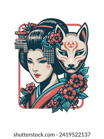 Vector t shirt design of beautiful japanese geisha with kitsune fox mask, vintage retro color, and white background, artwork hand drawn illustration