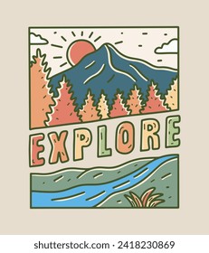 Diseño de camisetas vectoras con letra exploradora en el medio. Arte de camiseta vectorial de montaña natural