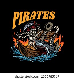 Vector t shirt design pirates with skull in boat and shark with fire background vintage illustration