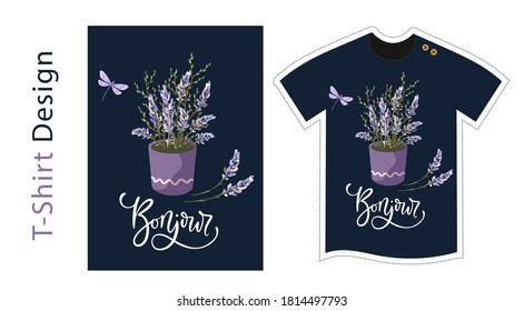 Vector t shirt design vector template for kids and adults. Cute lavender detailed illustration. Textile graphic tee hand drawn lettering print - Bonjour. Floral lady nature illustration.