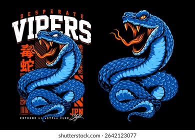 Vector t shirt print design with viper snake mascot. Coiled up fierce snake in the foreground. And utilitarian elements and Japanese glyphs meaning Desperate Vipers on black background. Vector EPS10.