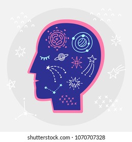 Vector for t shirt printing, poster. Graphic tee design. Astrology zodiac symbols, planets, esoteric elements in human head.