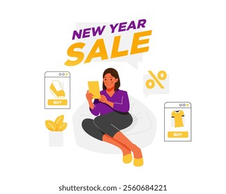 Vector of tab use phone to online shopping on new year sale event