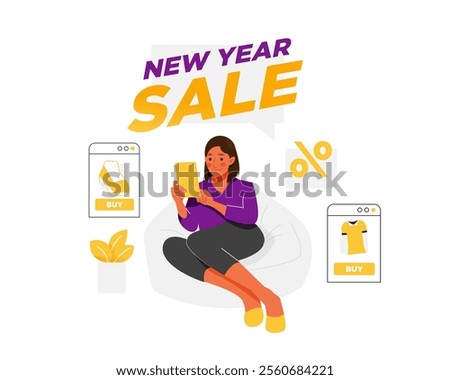 Vector of tab use phone to online shopping on new year sale event