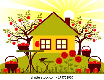 vector table and baskets of apples in garden