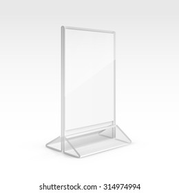 Vector Table Blank Transparent Plastic Stand Holder for Menu Paper Calendar Card Isolated on White Background