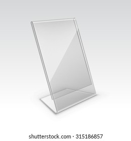 Vector Table Blank Transparent Plastic Stand Holder for Menu Paper Calendar Card Isolated on White Background