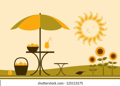 vector table and chair with umbrella in garden