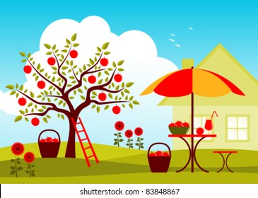 vector table and chair with umbrella in garden
