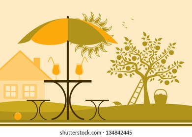 vector table and chairs with umbrella in garden