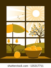 vector table and chairs with umbrella in garden outside the window