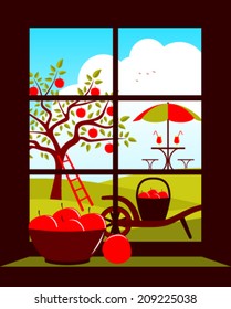 vector table and chairs with umbrella in garden outside the window