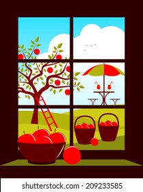 vector table and chairs with umbrella in garden outside the window