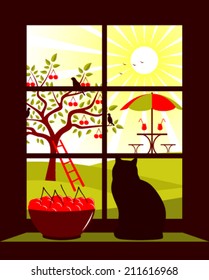 vector table and chairs with umbrella in garden outside the window