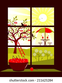vector table and chairs with umbrella in garden outside the window