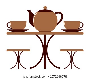 vector table with coffee cups and pot isolated on white background