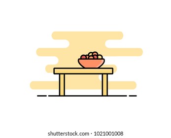Vector table with fruit bowl isolated on white background