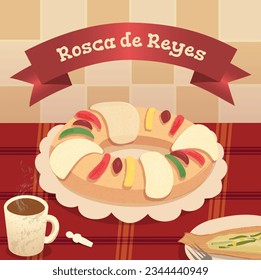 vector. Ilustración de mesa con rosca de reyes mexicana tradicional.