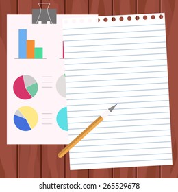 vector table with paper for note and pen