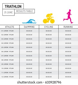 Vector table with the results of the participants of the triathlon, mark finishing time athletes.