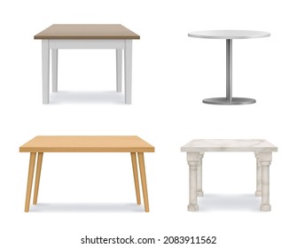 Conjunto de tablas vectoriales. Mesas vacías de madera, plástico y piedra. Plantilla para la presentación de objetos. Vector realista