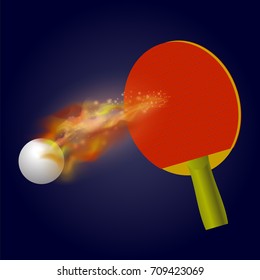 Vector Table Tennis Racket and Ball with Fire Flame Isolated on Blue Background