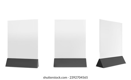 Vector table tent, card holder. Vector empty stand display.plastic,  price tag or restaurant menu mockup.