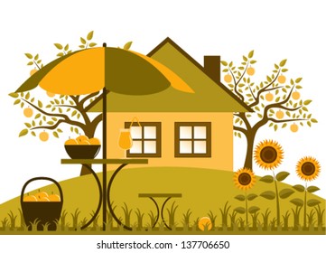 vector table with umbrella, basket of apples and sunflowers in garden