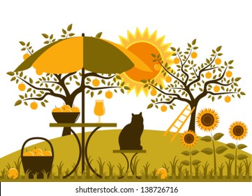 vector table with umbrella, basket of apples and sunflowers in garden
