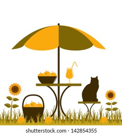 vector table with umbrella, basket of apples and sunflowers isolated on white background