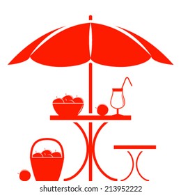 vector table with umbrella and basket of apples isolated on white background