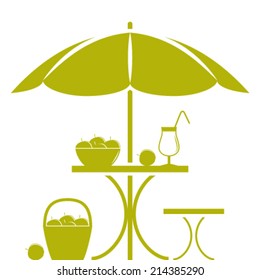 vector table with umbrella and basket of apples isolated on white background