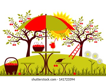 vector table with umbrella, basket of cherries and daisies in garden